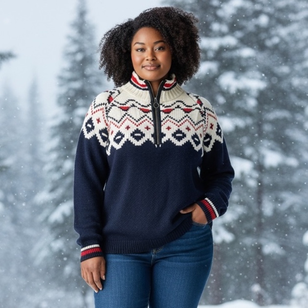 Peregrine Wool Fair Isle‎ Half Zip Jumper XXL Navy Made in England Unisex